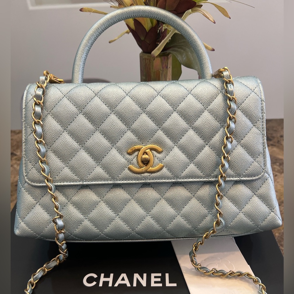 CHANEL iridescent blue caviar Medium 11" Coco Handle Bag aged gold HW New